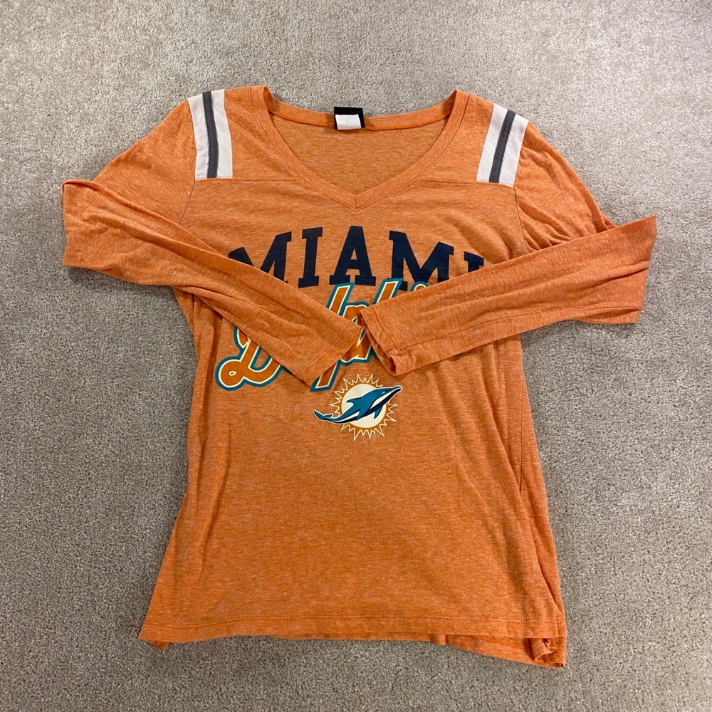 NFL Team Apparel Miami Dolphins Shirt Womens Large Orange V-Neck Tee‎